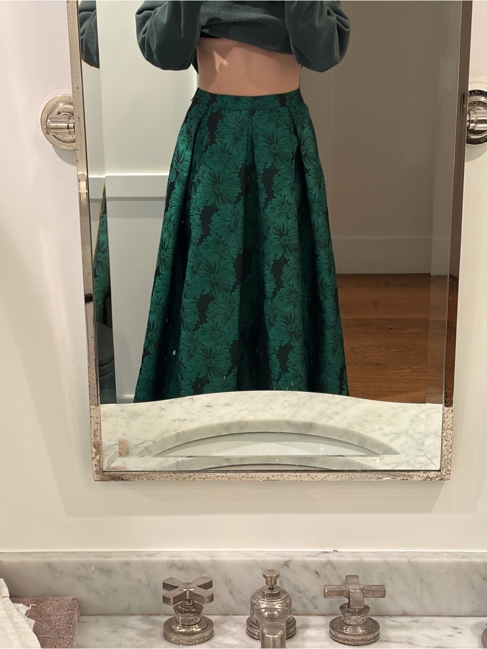 Custom made deep green floral floor length skirt